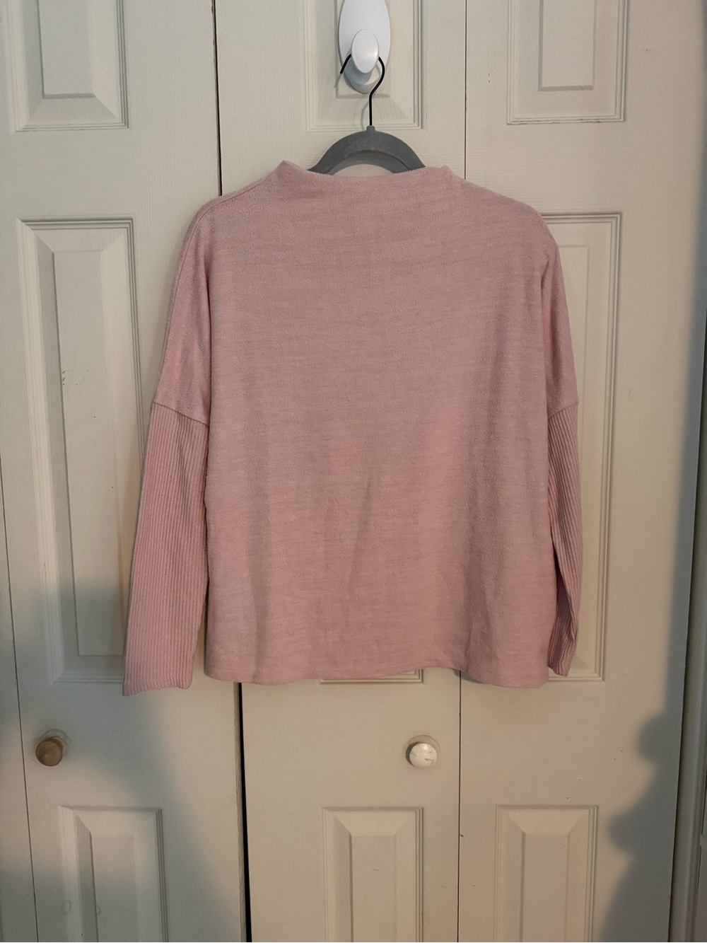 H&M Mock Neck Fine Knit Sweater in Light Pink Blush Drop Shoulder Ribbed Sleeves